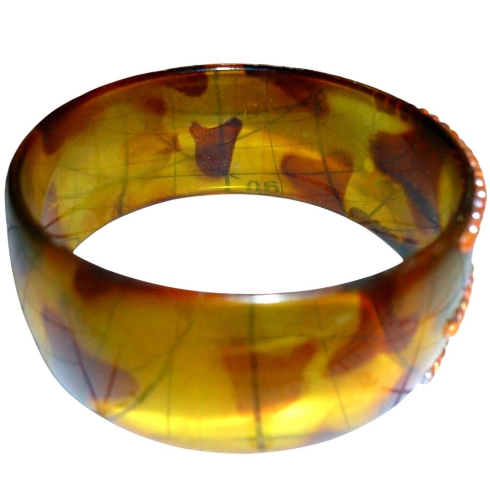 Vintage Brown Acrylic Lucite Chunky Bangle Bracelet‎ Beaded Studded Detail Brown